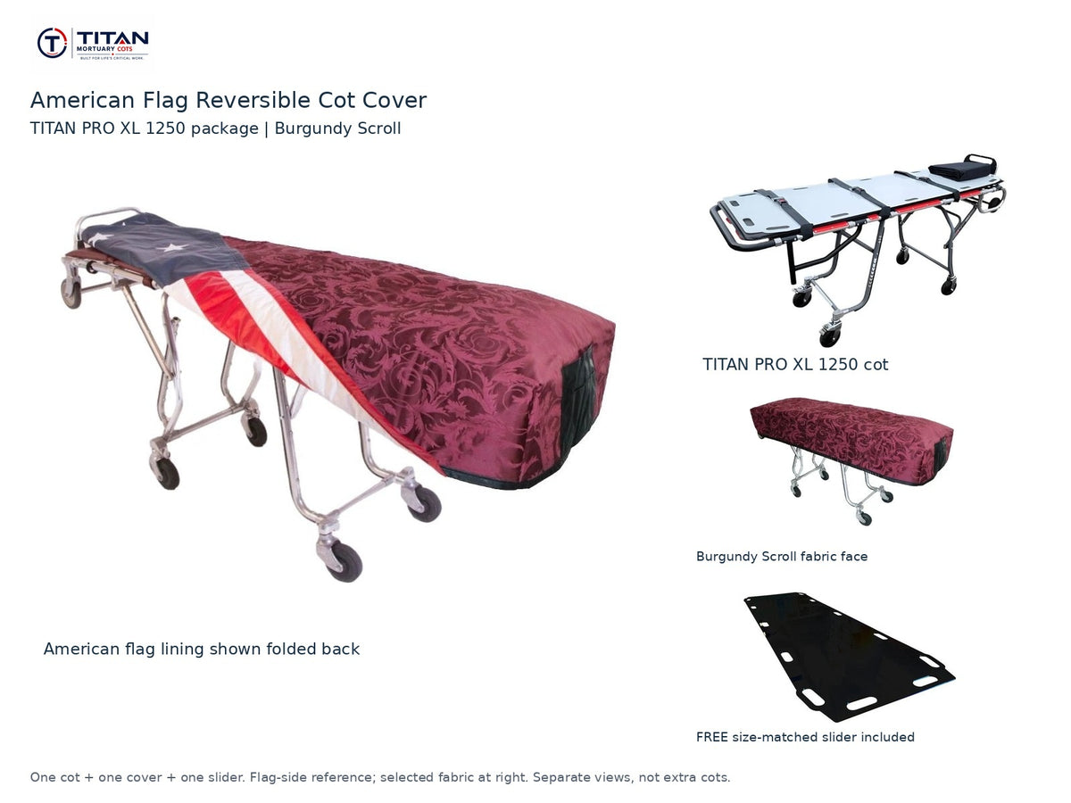 TITAN PRO XL 1250 cot package | American flag reversible cot cover | Burgundy Scroll. Flag-side reference first and largest, selected fabric face at right, and free size-matched slider. One cot, one cover and one slider.