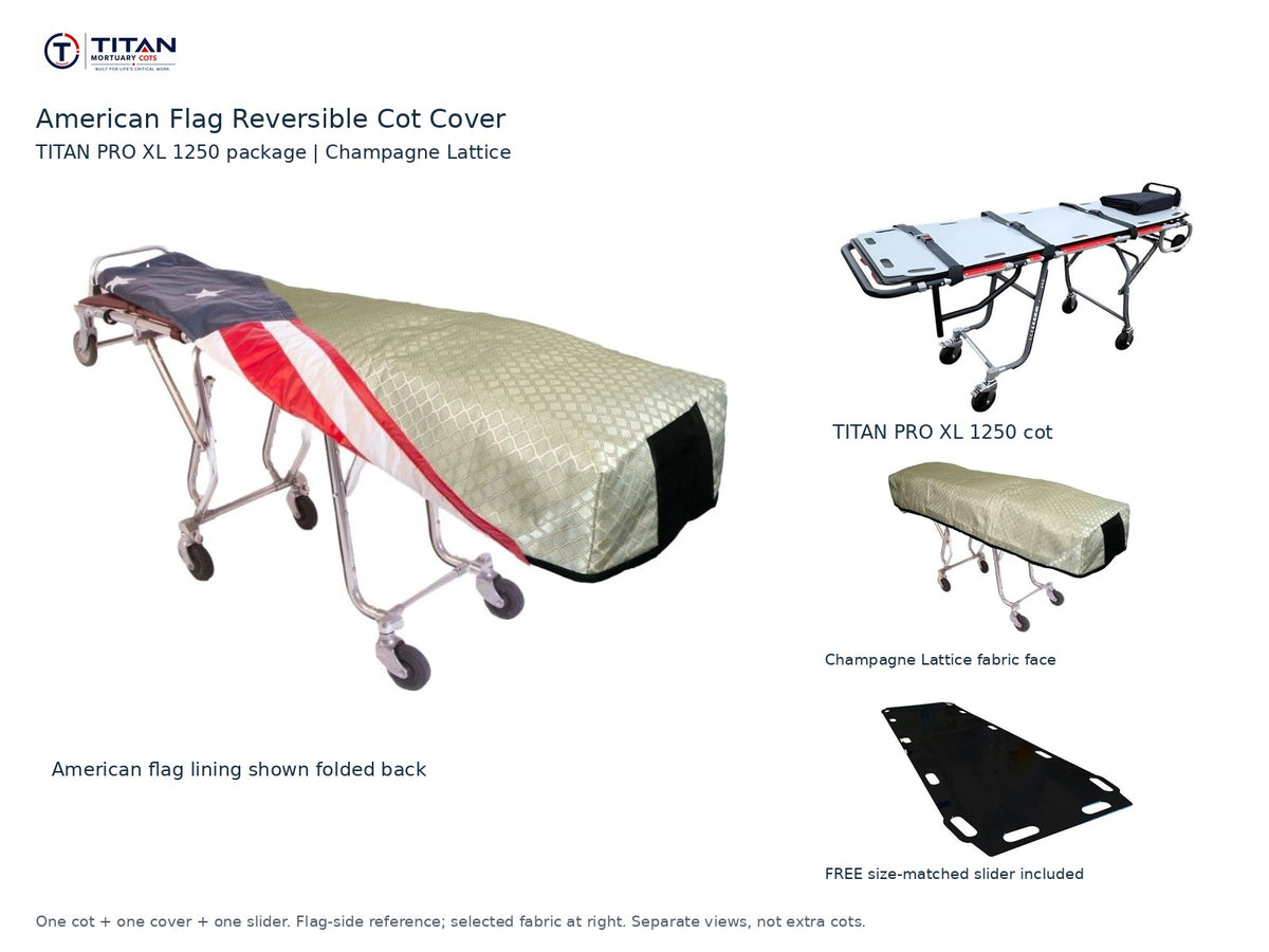 TITAN PRO XL 1250 cot package | American flag reversible cot cover | Champagne Lattice. Flag-side reference first and largest, selected fabric face at right, and free size-matched slider. One cot, one cover and one slider.