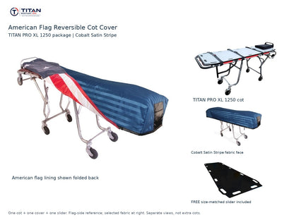 TITAN PRO XL 1250 cot package | American flag reversible cot cover | Cobalt Satin Stripe. Flag-side reference first and largest, selected fabric face at right, and free size-matched slider. One cot, one cover and one slider.