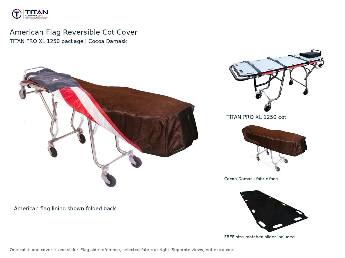 TITAN PRO XL 1250 cot package | American flag reversible cot cover | Cocoa Damask. Flag-side reference first and largest, selected fabric face at right, and free size-matched slider. One cot, one cover and one slider.