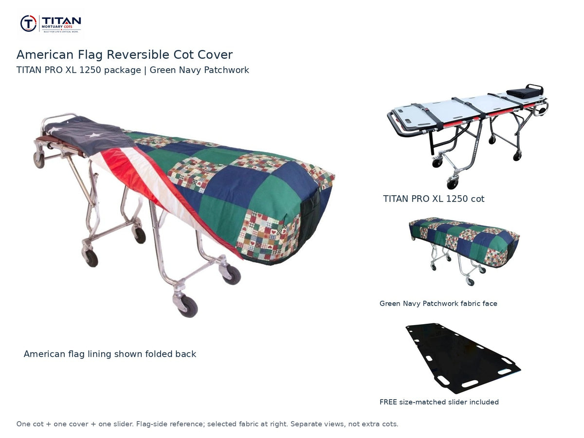 TITAN PRO XL 1250 cot package | American flag reversible cot cover | Green Navy Patchwork. Flag-side reference first and largest, selected fabric face at right, and free size-matched slider. One cot, one cover and one slider.