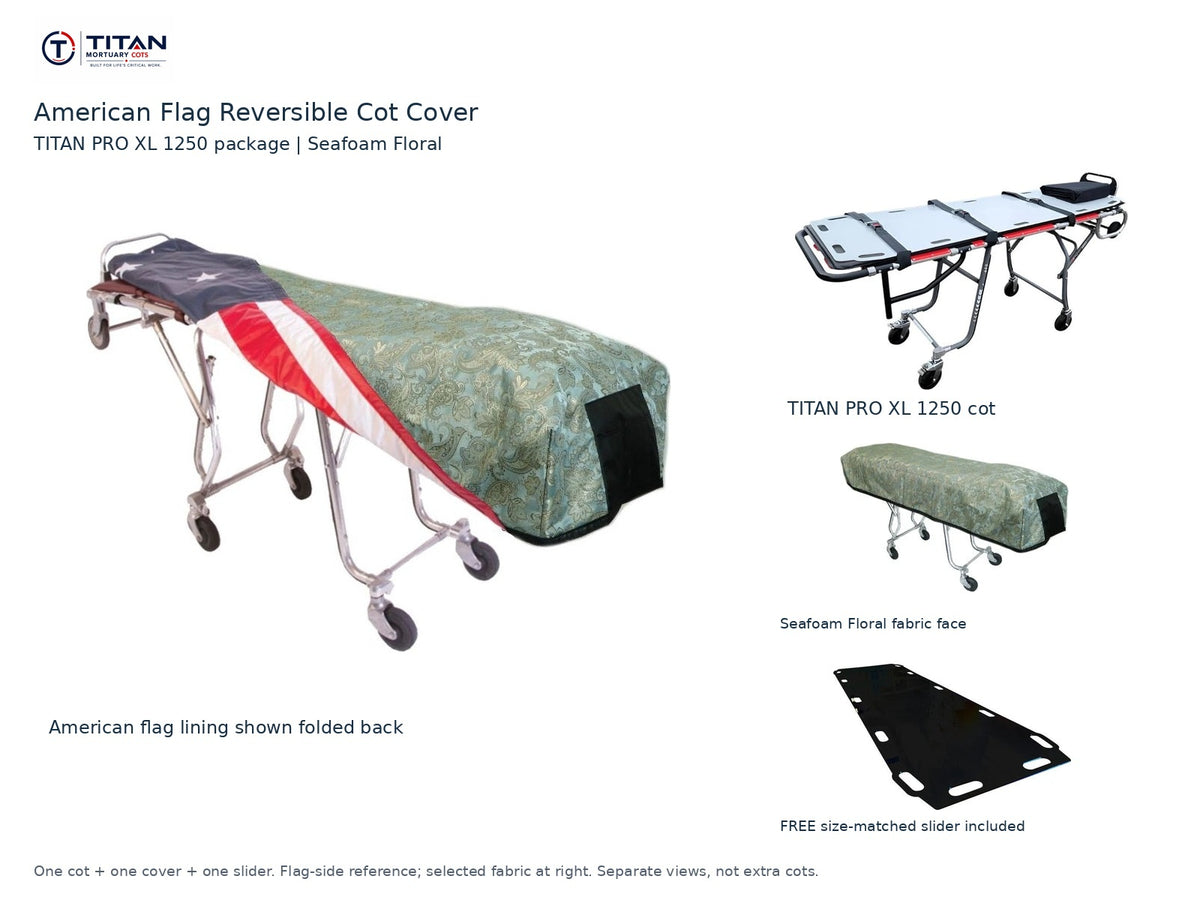 TITAN PRO XL 1250 cot package | American flag reversible cot cover | Seafoam Floral. Flag-side reference first and largest, selected fabric face at right, and free size-matched slider. One cot, one cover and one slider.