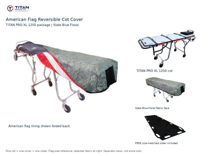 TITAN PRO XL 1250 cot package | American flag reversible cot cover | Slate Blue Floral. Flag-side reference first and largest, selected fabric face at right, and free size-matched slider. One cot, one cover and one slider.
