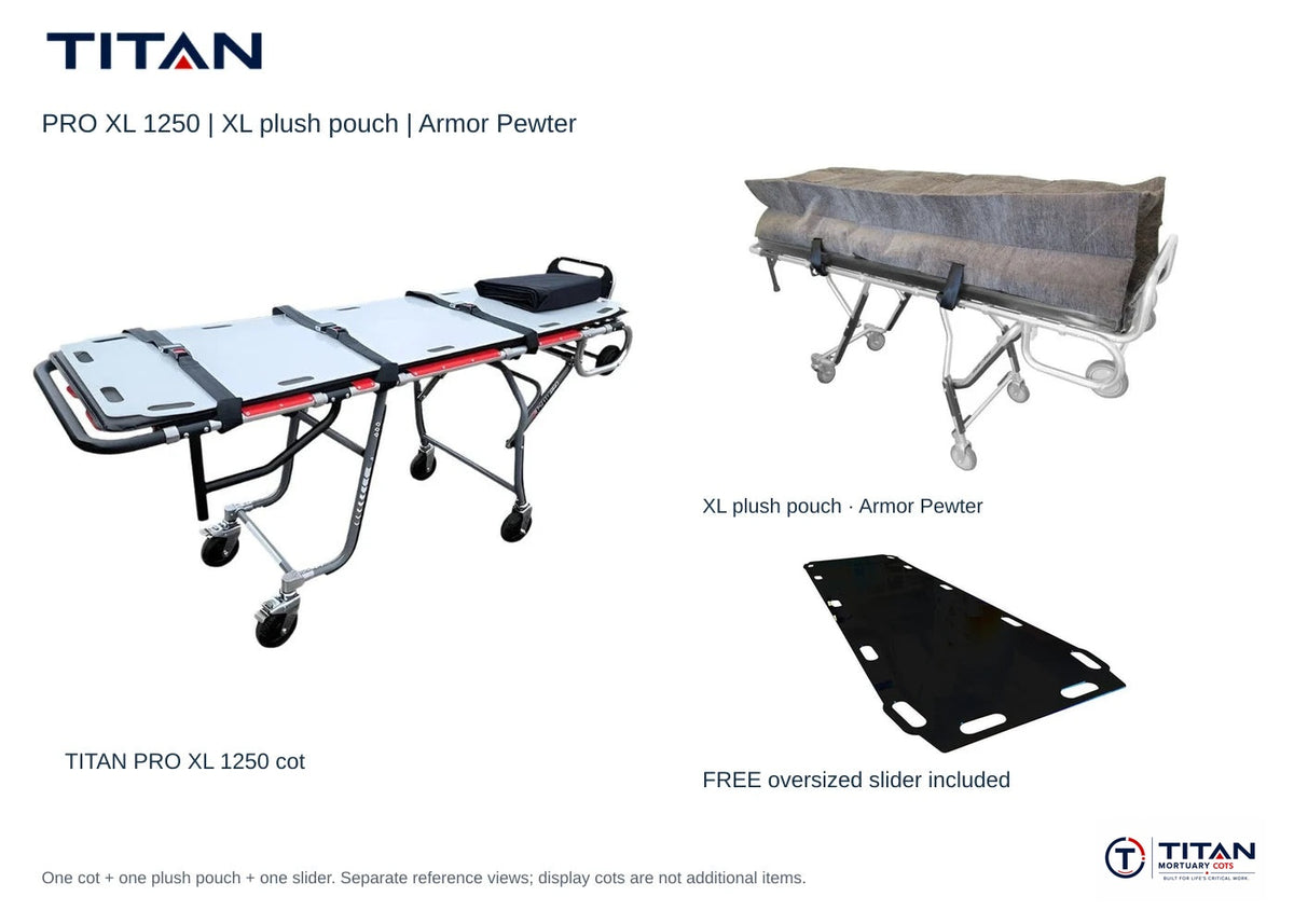 TITAN PRO XL 1250 package, Armor Pewter: selected XL plush pouch shown, plus included free oversized slider board. One cot supplied; separate reference views.