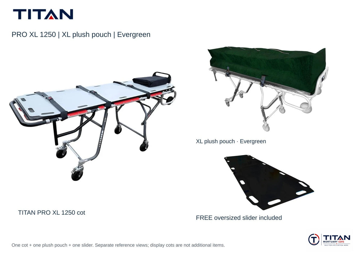 TITAN PRO XL 1250 package, Evergreen: selected XL plush pouch shown, plus included free oversized slider board. One cot supplied; separate reference views.