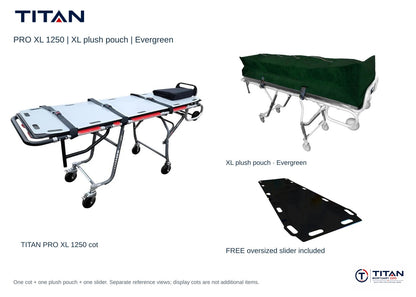 TITAN PRO XL 1250 package, Evergreen: selected XL plush pouch shown, plus included free oversized slider board. One cot supplied; separate reference views.