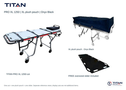TITAN PRO XL 1250 package, Onyx Black: selected XL plush pouch shown, plus included free oversized slider board. One cot supplied; separate reference views.