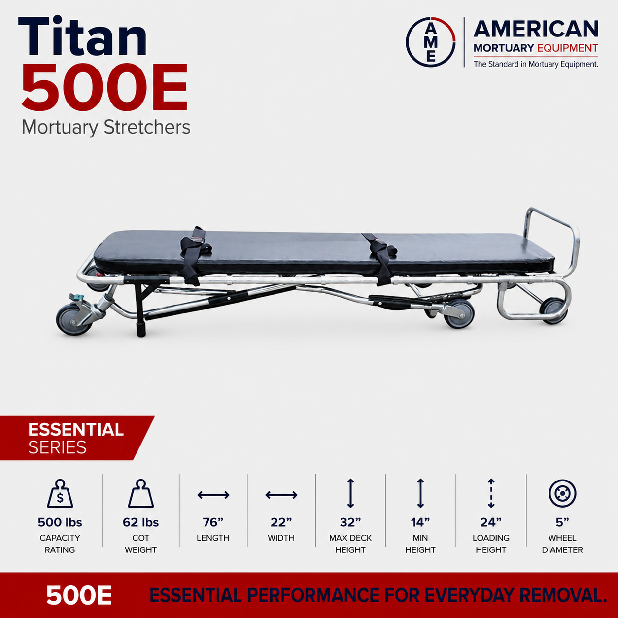 TITAN 500E mortuary cot in collapsed low position for storage and van loading | American Mortuary Coolers