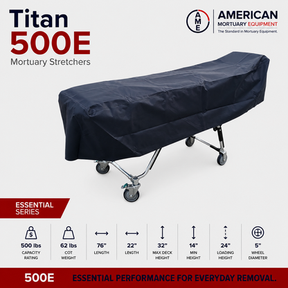 TITAN 500E mortuary cot with fitted black cot cover for first call removal service | American Mortuary Coolers
