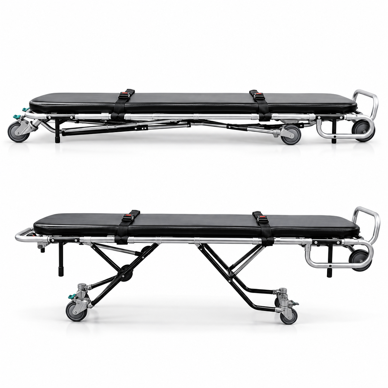 TITAN 500E standard mortuary cot folded flat in collapsed position for compact storage and transport | American Mortuary Coolers