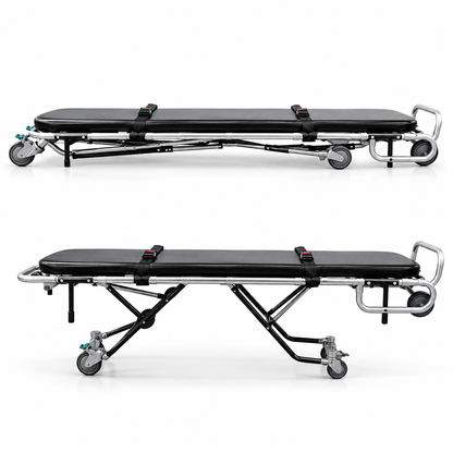 TITAN 500E standard mortuary cot folded flat in collapsed position for compact storage and transport | American Mortuary Coolers