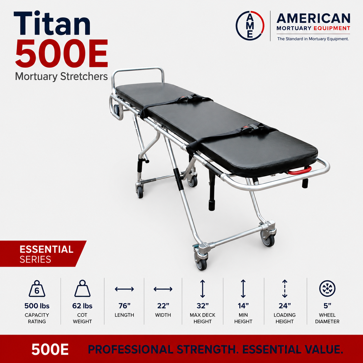 TITAN 500E multi-level mortuary cot, 4-level height adjustment first call funeral stretcher | American Mortuary Coolers