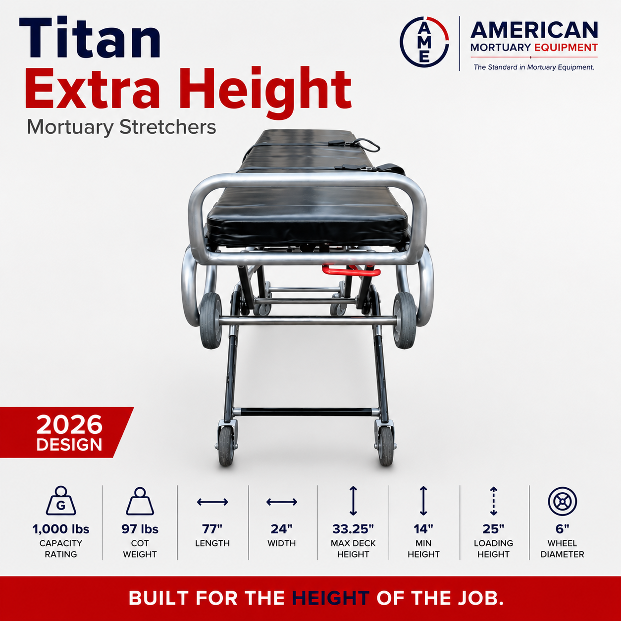 TITAN 500T funeral and cadaver cot, one-person automatic loading high-deck mortuary stretcher