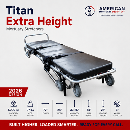 TITAN 500T tall mortuary cot raised to 32-inch vehicle loading height, single-operator funeral stretcher