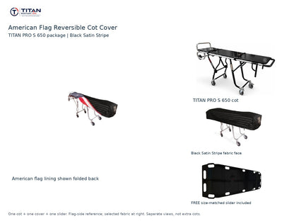 TITAN PRO S 650 cot package | American flag reversible cot cover | Black Satin Stripe. Flag-side reference first and largest, selected fabric face at right, and free size-matched slider. One cot, one cover and one slider.