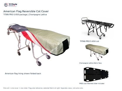 TITAN PRO S 650 cot package | American flag reversible cot cover | Champagne Lattice. Flag-side reference first and largest, selected fabric face at right, and free size-matched slider. One cot, one cover and one slider.