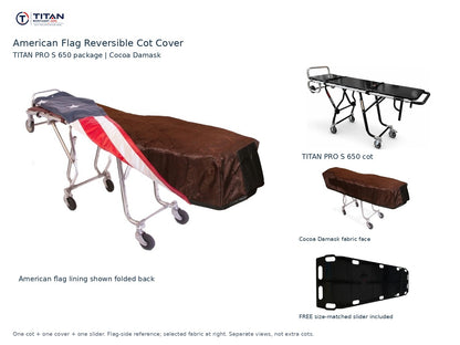 TITAN PRO S 650 cot package | American flag reversible cot cover | Cocoa Damask. Flag-side reference first and largest, selected fabric face at right, and free size-matched slider. One cot, one cover and one slider.