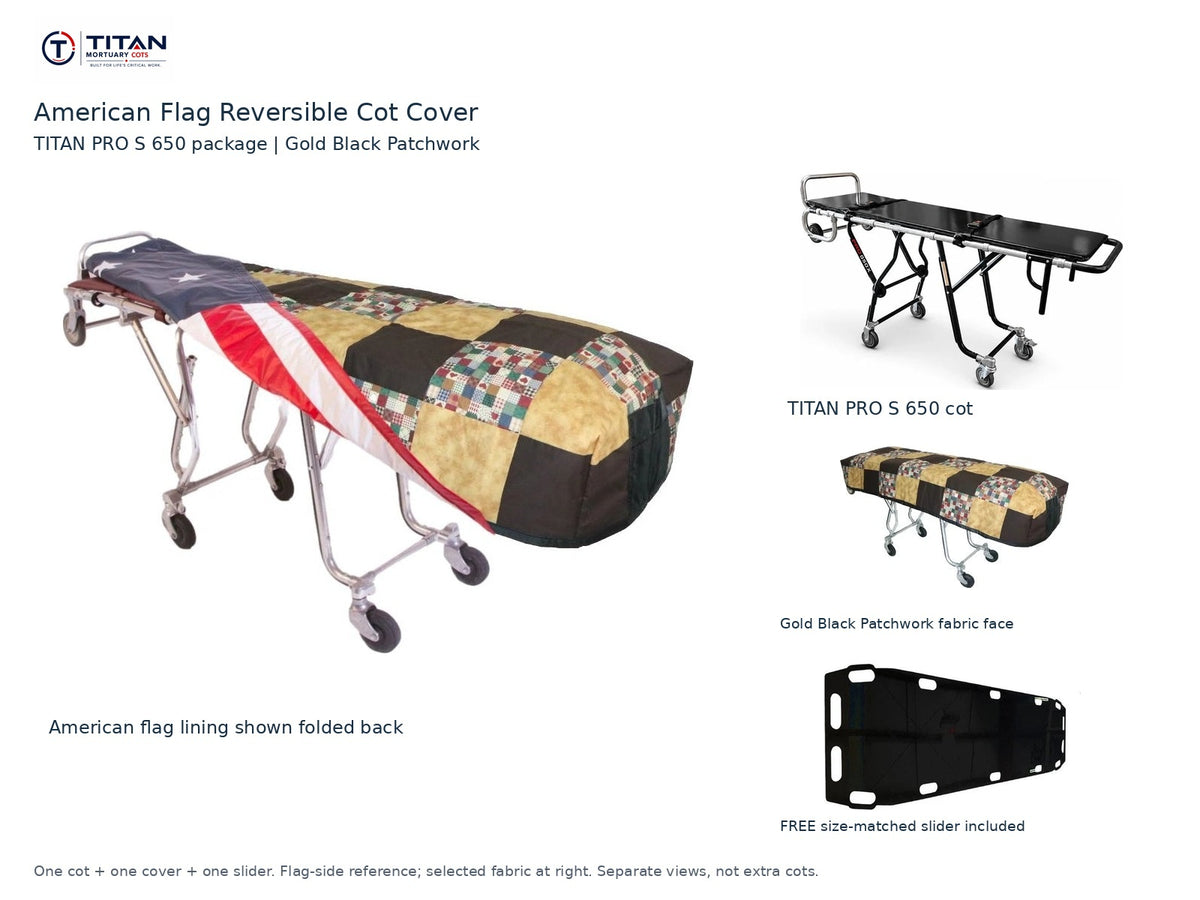 TITAN PRO S 650 cot package | American flag reversible cot cover | Gold Black Patchwork. Flag-side reference first and largest, selected fabric face at right, and free size-matched slider. One cot, one cover and one slider.