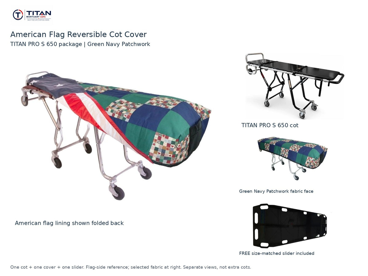 TITAN PRO S 650 cot package | American flag reversible cot cover | Green Navy Patchwork. Flag-side reference first and largest, selected fabric face at right, and free size-matched slider. One cot, one cover and one slider.