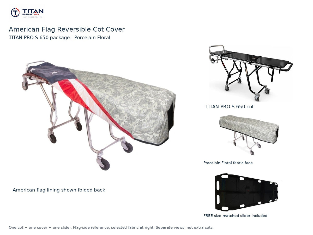TITAN PRO S 650 cot package | American flag reversible cot cover | Porcelain Floral. Flag-side reference first and largest, selected fabric face at right, and free size-matched slider. One cot, one cover and one slider.