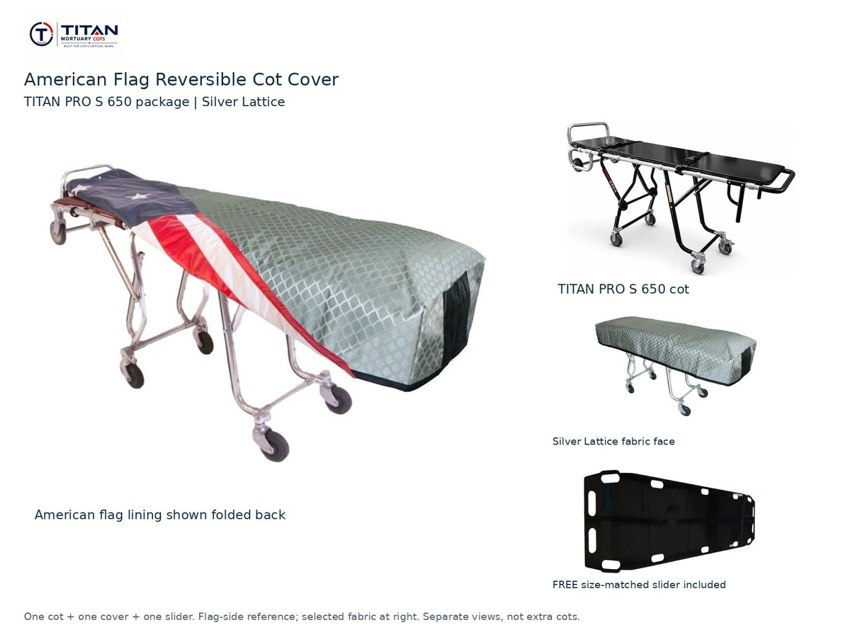 TITAN PRO S 650 cot package | American flag reversible cot cover | Silver Lattice. Flag-side reference first and largest, selected fabric face at right, and free size-matched slider. One cot, one cover and one slider.