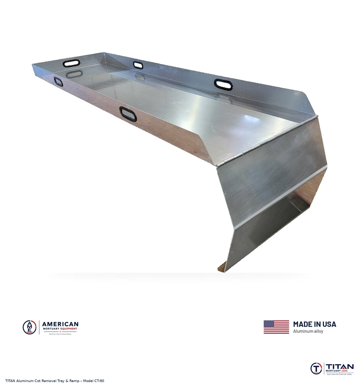 TITAN aluminum mortuary cot removal tray and ramp, made in USA