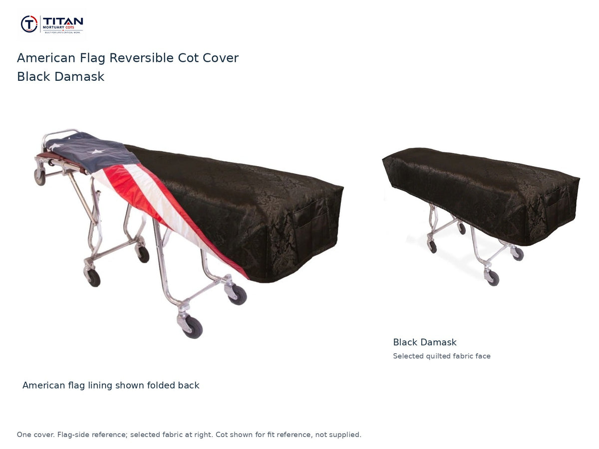TITAN American flag reversible cot cover | Black Damask. American flag lining shown first, selected Black Damask quilted fabric face at right. Cot shown for reference, not included.