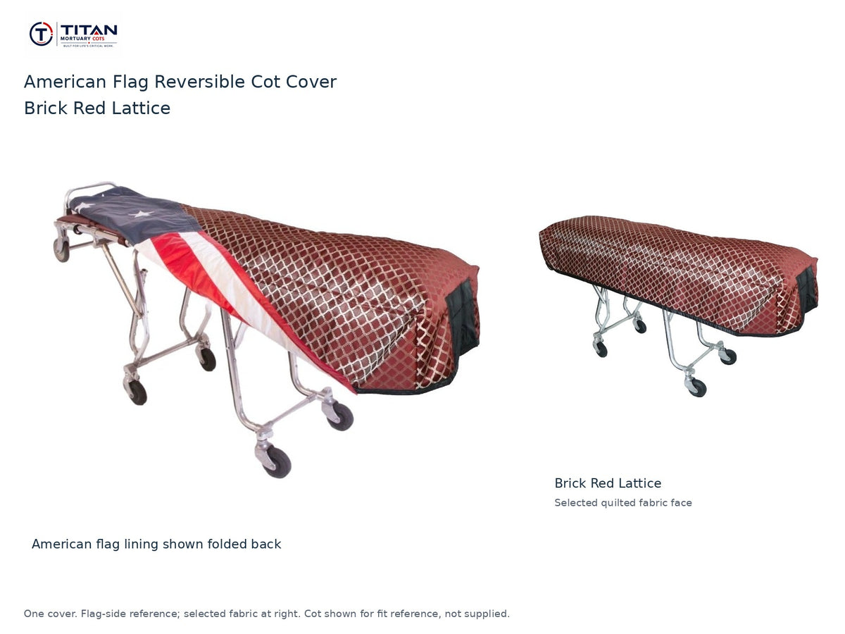 TITAN American flag reversible cot cover | Brick Red Lattice. American flag lining shown first, selected Brick Red Lattice quilted fabric face at right. Cot shown for reference, not included.