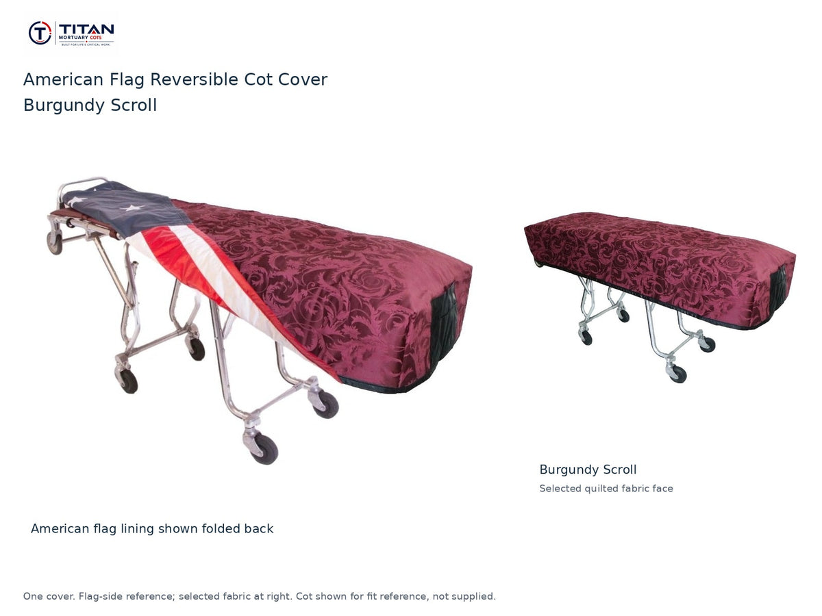 TITAN American flag reversible cot cover | Burgundy Scroll. American flag lining shown first, selected Burgundy Scroll quilted fabric face at right. Cot shown for reference, not included.