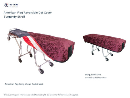 TITAN American flag reversible cot cover | Burgundy Scroll. American flag lining shown first, selected Burgundy Scroll quilted fabric face at right. Cot shown for reference, not included.