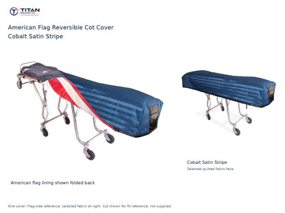 TITAN American flag reversible cot cover | Cobalt Satin Stripe. American flag lining shown first, selected Cobalt Satin Stripe quilted fabric face at right. Cot shown for reference, not included.