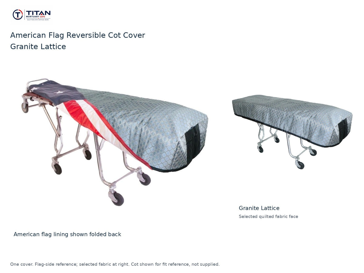 TITAN American flag reversible cot cover | Granite Lattice. American flag lining shown first, selected Granite Lattice quilted fabric face at right. Cot shown for reference, not included.