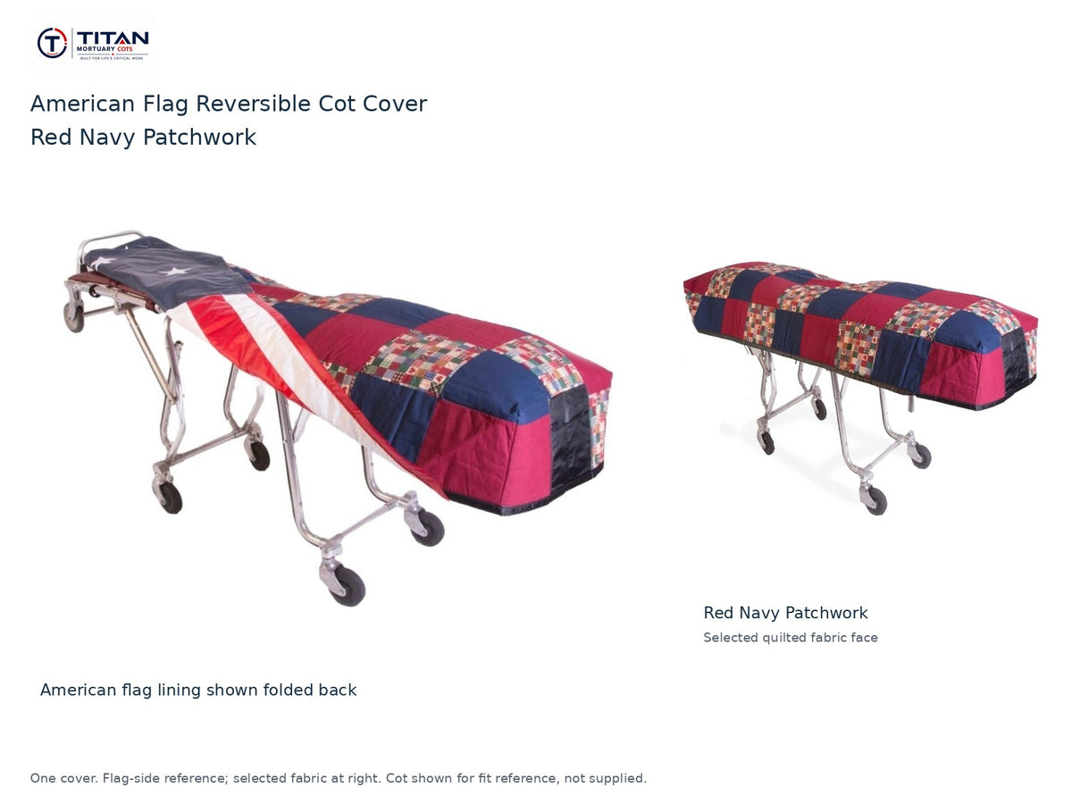 TITAN American flag reversible cot cover | Red Navy Patchwork. American flag lining shown first, selected Red Navy Patchwork quilted fabric face at right. Cot shown for reference, not included.