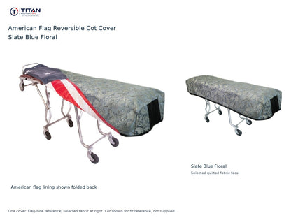 TITAN American flag reversible cot cover | Slate Blue Floral. American flag lining shown first, selected Slate Blue Floral quilted fabric face at right. Cot shown for reference, not included.