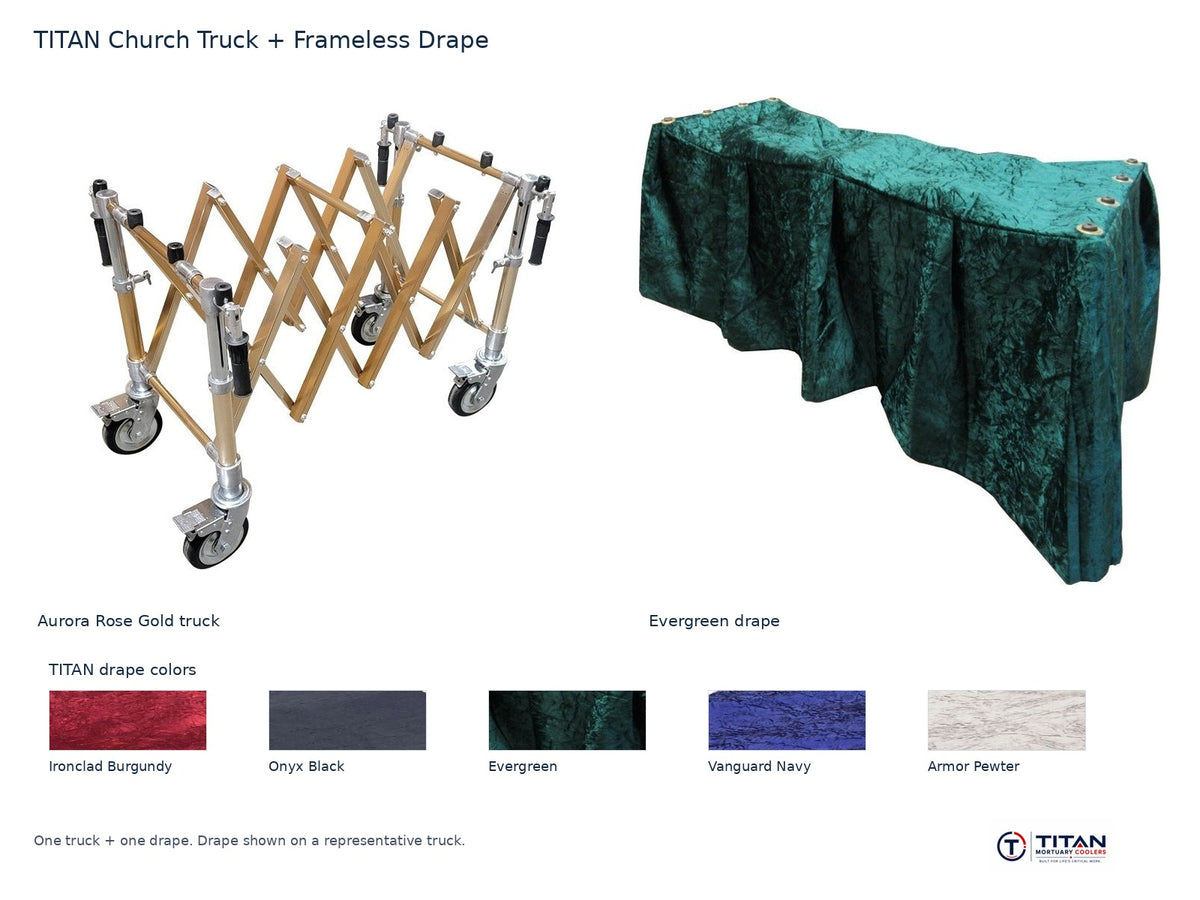 TITAN church truck package: Aurora Rose Gold folding casket truck and Evergreen frameless drape, with all five TITAN drape fabric swatches; one truck and one drape supplied