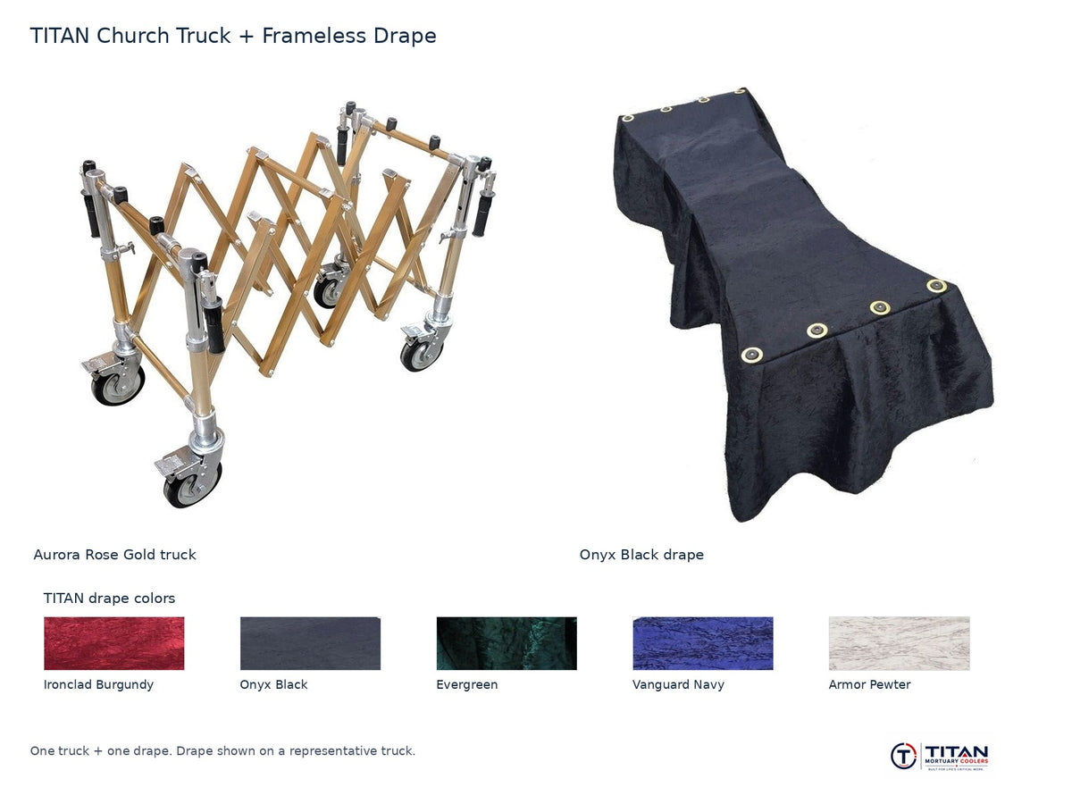TITAN church truck package: Aurora Rose Gold folding casket truck and Onyx Black frameless drape, with all five TITAN drape fabric swatches; one truck and one drape supplied