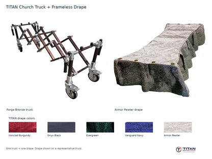 TITAN church truck package: Forge Bronze folding casket truck and Armor Pewter frameless drape, with all five TITAN drape fabric swatches; one truck and one drape supplied