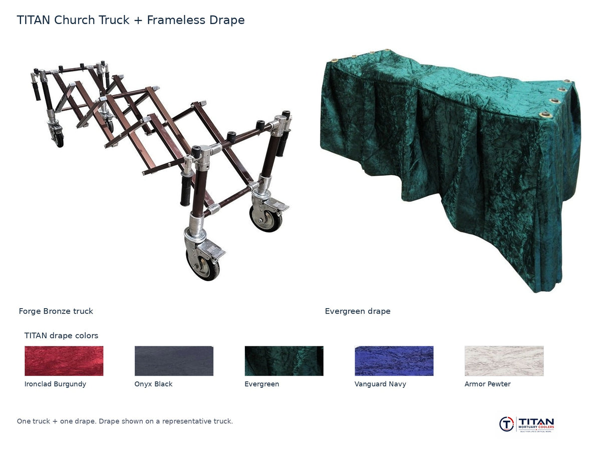 TITAN church truck package: Forge Bronze folding casket truck and Evergreen frameless drape, with all five TITAN drape fabric swatches; one truck and one drape supplied