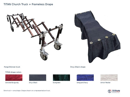 TITAN church truck package: Forge Bronze folding casket truck and Onyx Black frameless drape, with all five TITAN drape fabric swatches; one truck and one drape supplied