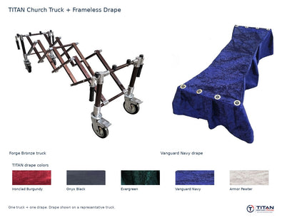 TITAN church truck package: Forge Bronze folding casket truck and Vanguard Navy frameless drape, with all five TITAN drape fabric swatches; one truck and one drape supplied