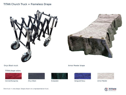 TITAN church truck package: Onyx Black folding casket truck and Armor Pewter frameless drape, with all five TITAN drape fabric swatches; one truck and one drape supplied