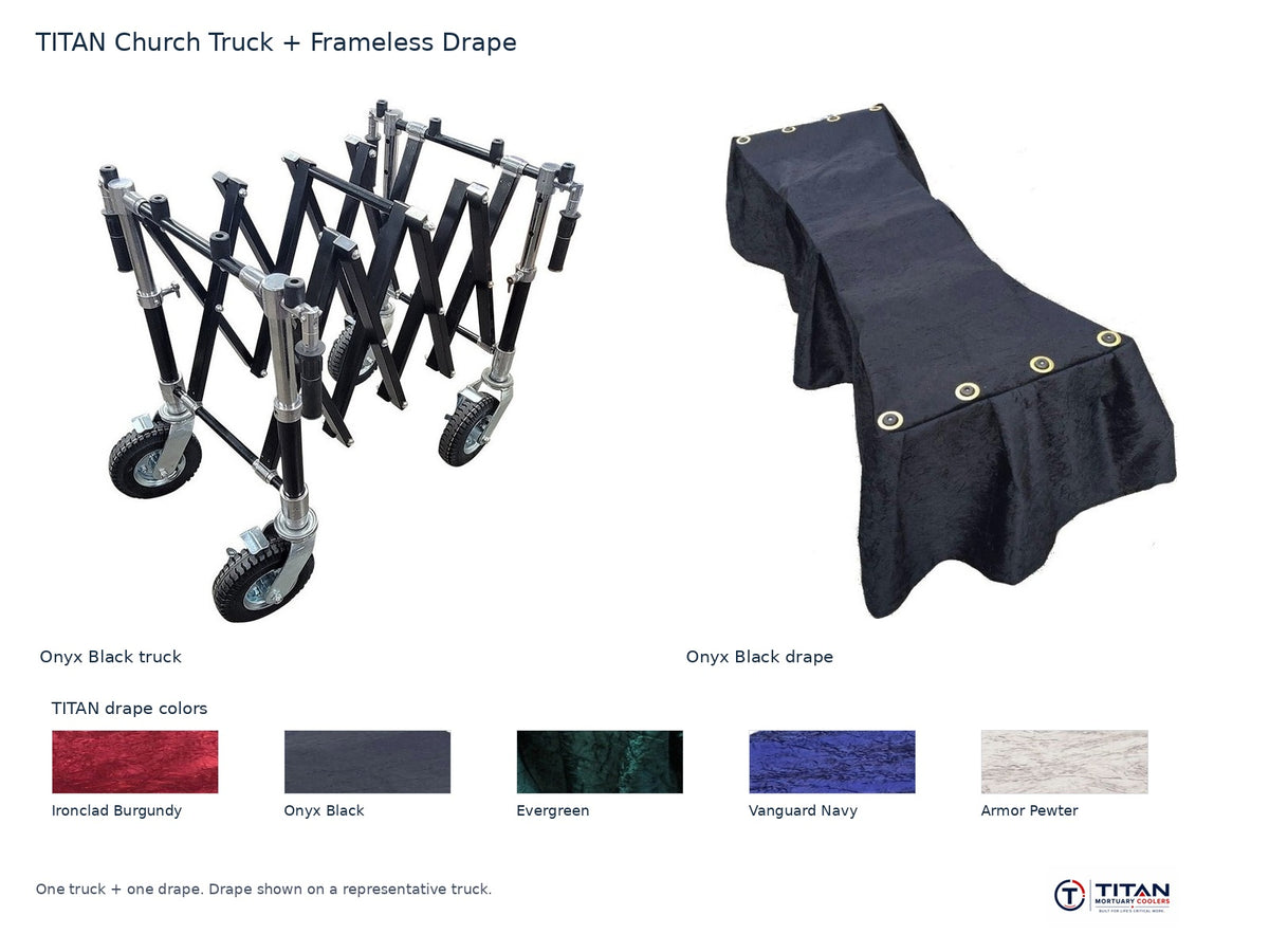 TITAN church truck package: Onyx Black folding casket truck and Onyx Black frameless drape, with all five TITAN drape fabric swatches; one truck and one drape supplied