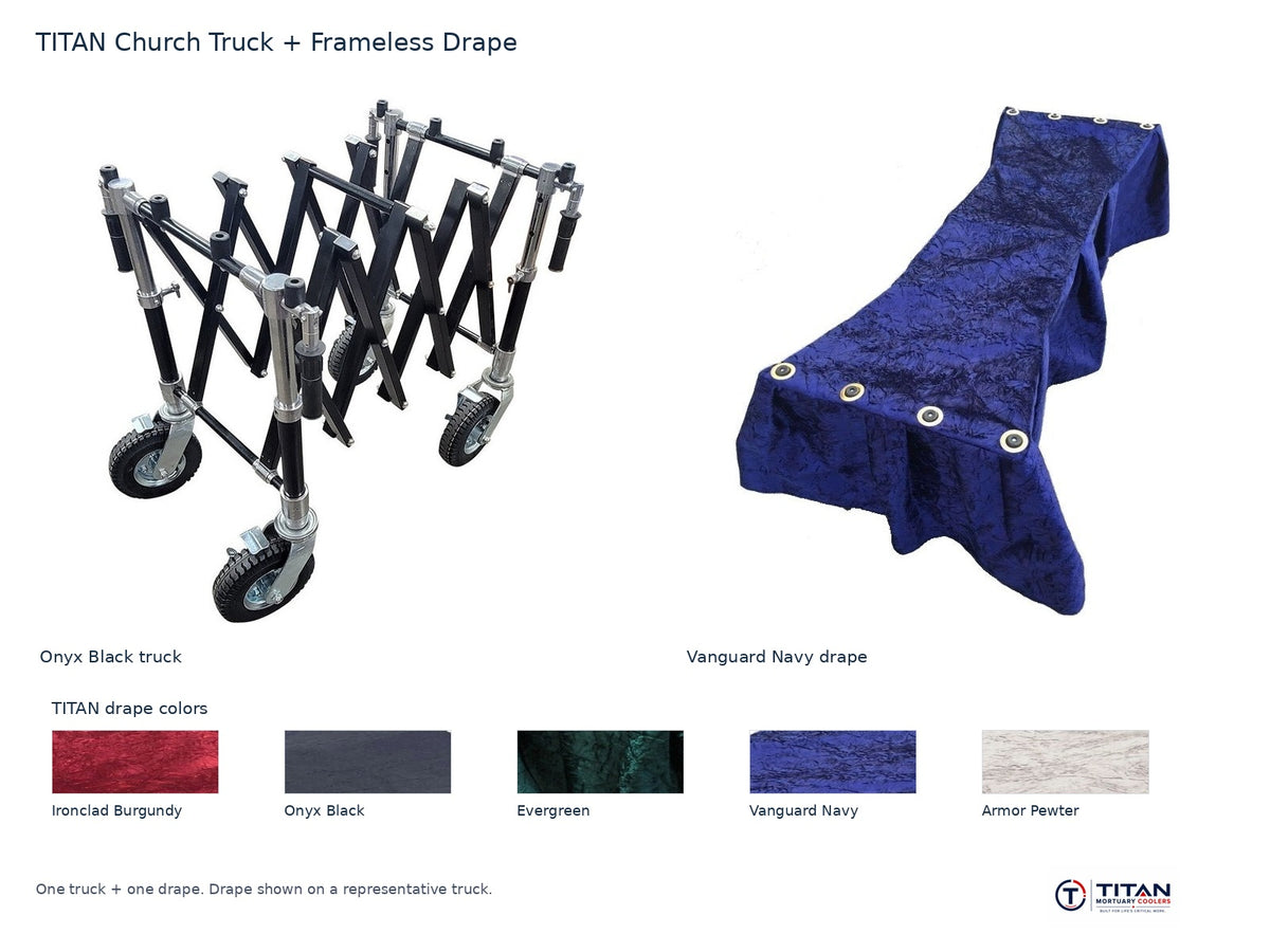 TITAN church truck package: Onyx Black folding casket truck and Vanguard Navy frameless drape, with all five TITAN drape fabric swatches; one truck and one drape supplied
