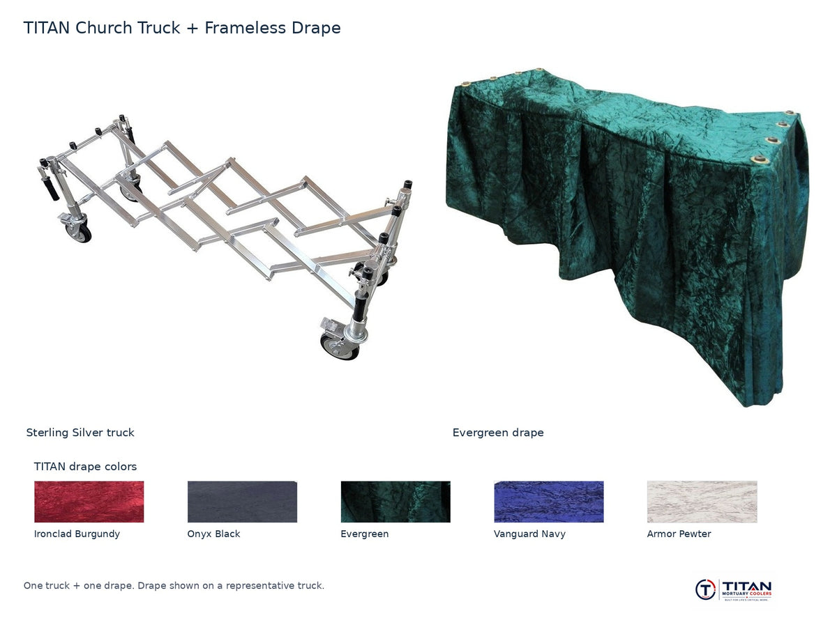 TITAN church truck package: Sterling Silver folding casket truck and Evergreen frameless drape, with all five TITAN drape fabric swatches; one truck and one drape supplied