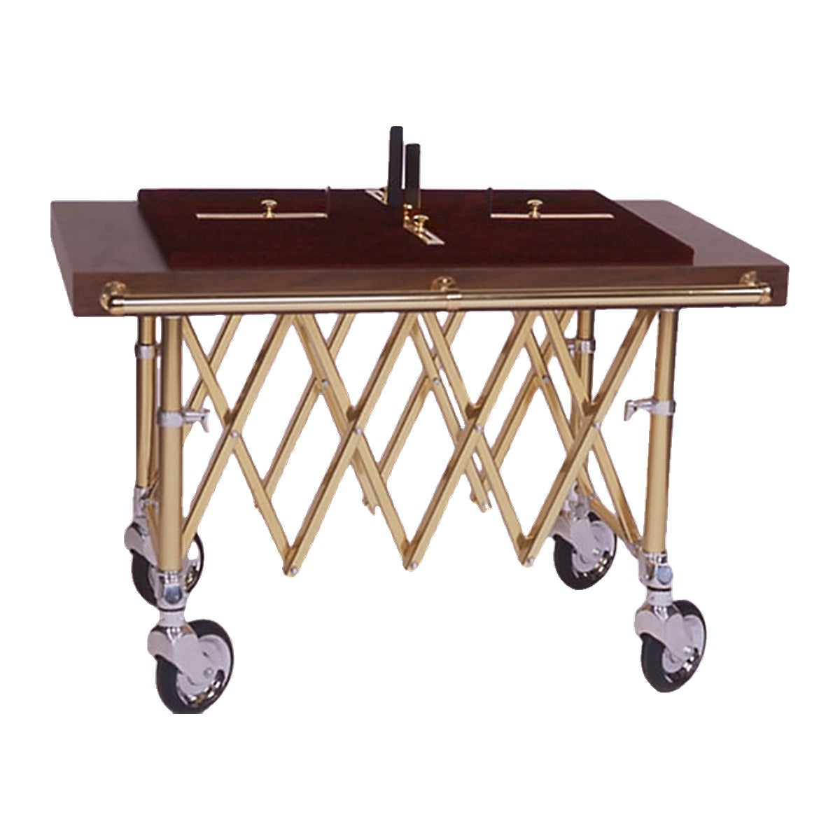 TITAN memorial display tray in solid cherry with brass rails on a church truck