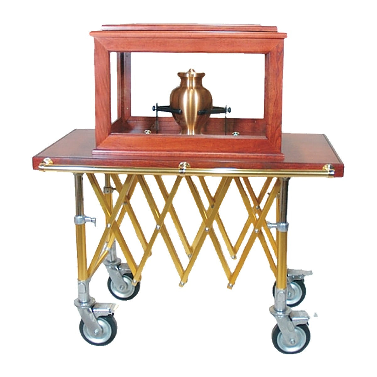 TITAN solid cherry memorial urn display cabinet with glass panes on a church truck