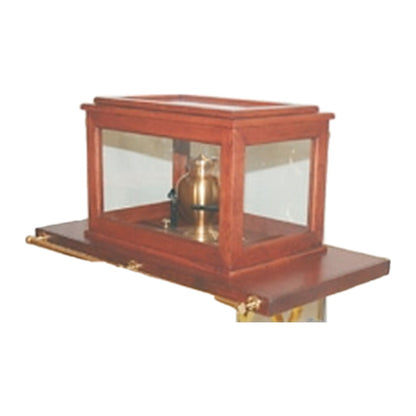 Solid cherry urn display cabinet with a bronze urn behind tempered glass
