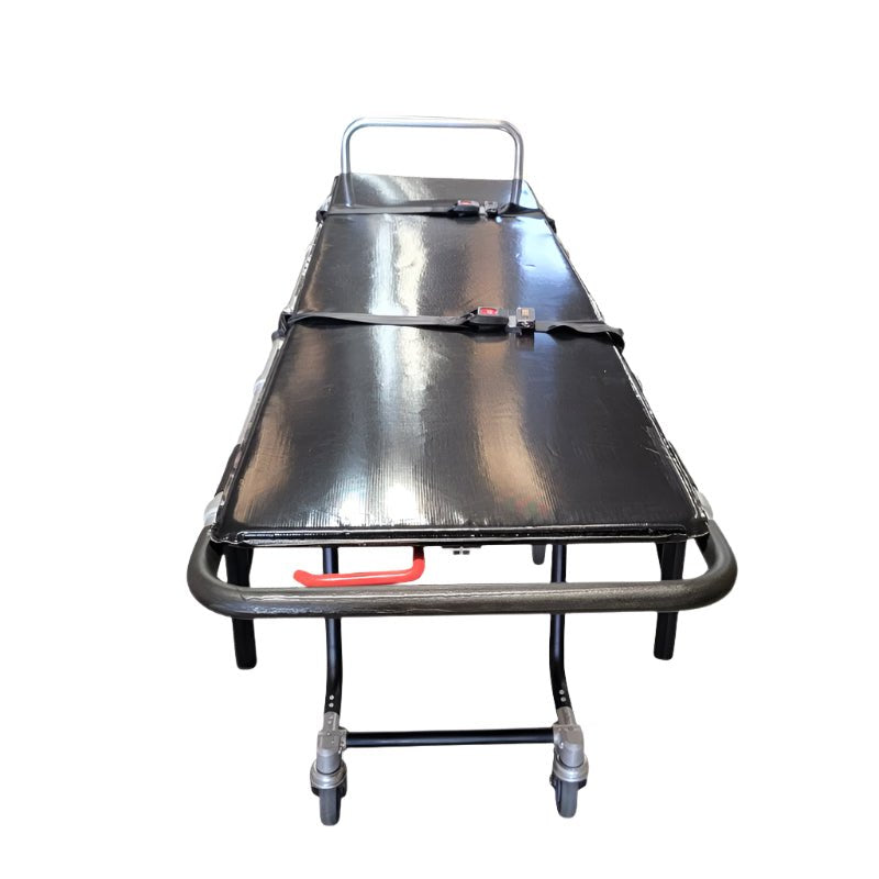 Titan PRO S 650 mortuary cot complete kit with 1-inch pad, restraint straps, and fitted cot cover