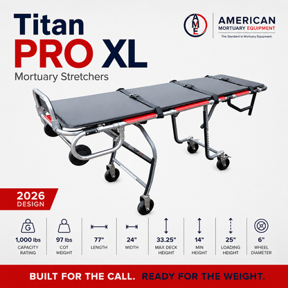 TITAN PRO XL bariatric mortuary cot, 1,000 lb oversized first call removal stretcher front view