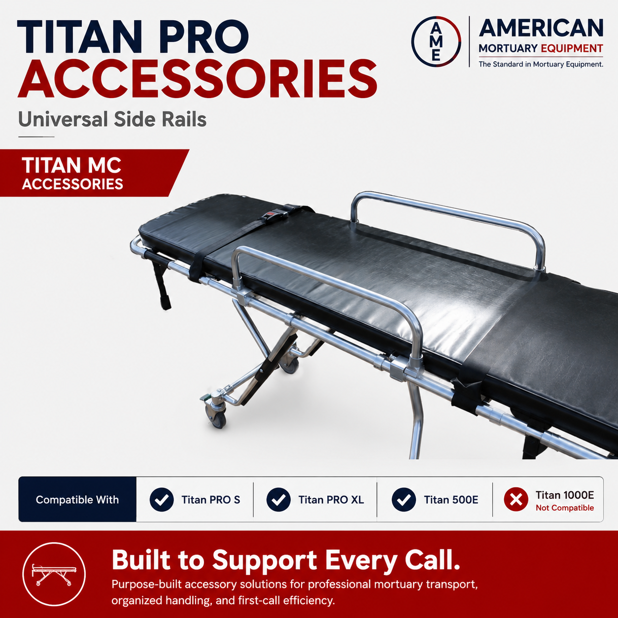 TITAN universal mortuary cot side rail attachment, first call stretcher safety side rails